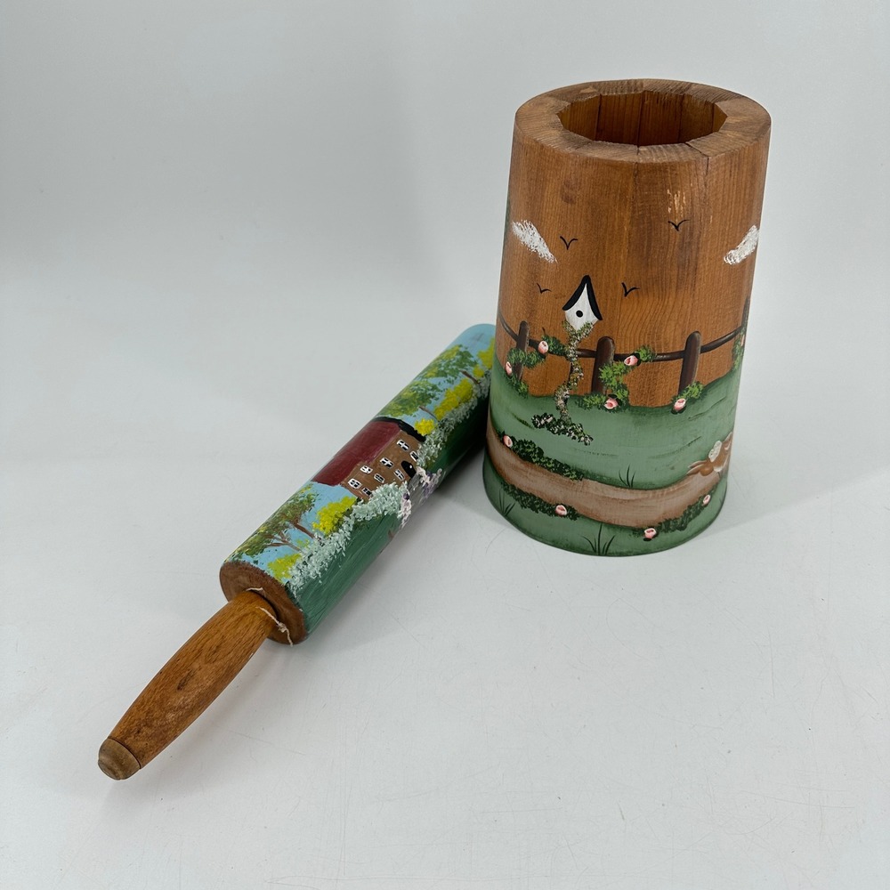 Handpainted Wooden Rolling Pin and Crock Set Country Farmhouse Folk Art Bunnies